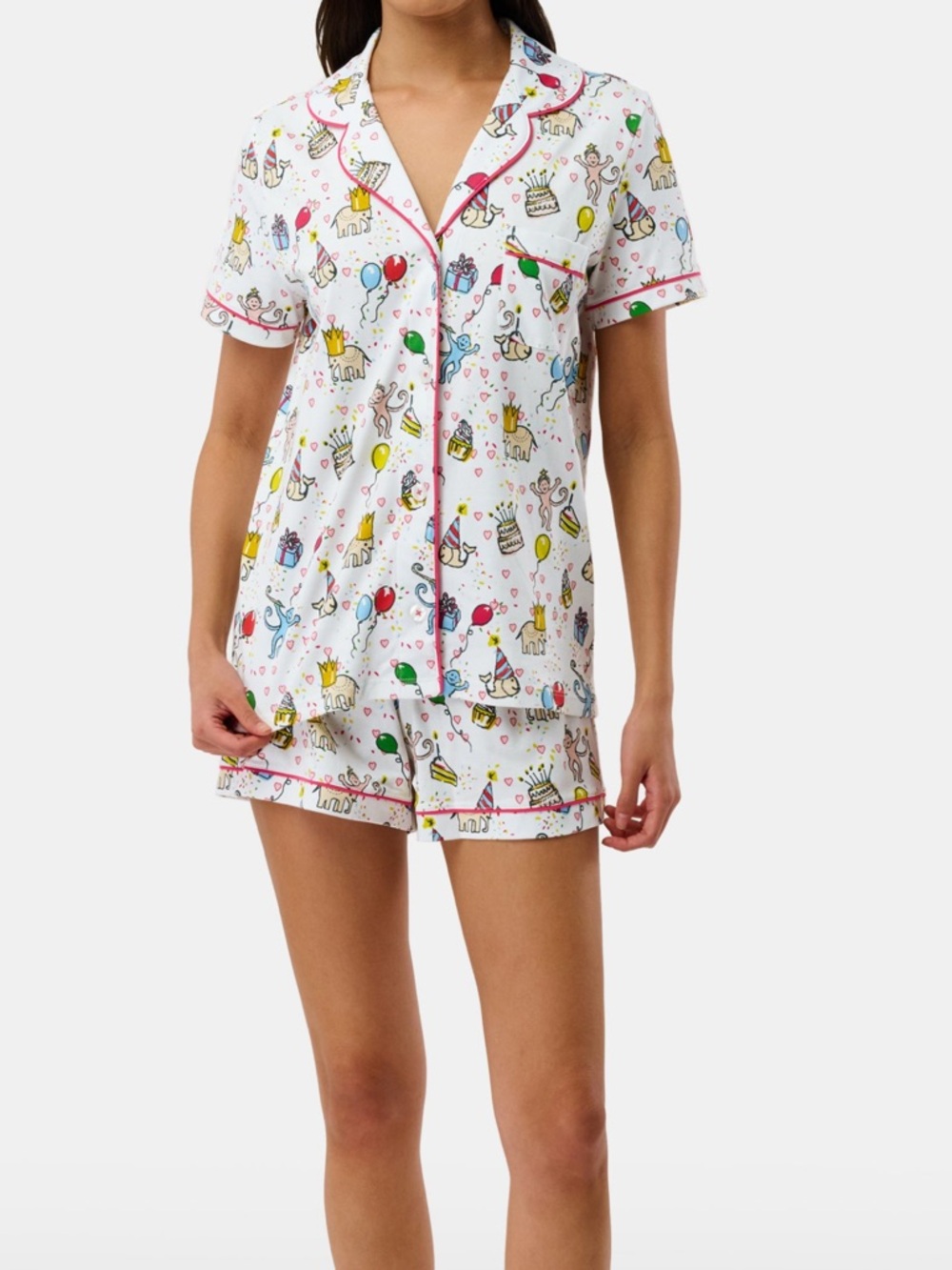Roller Rabbit White Party Animals Cotton Pajama Top with Pink Piping - Picture 2 of 2